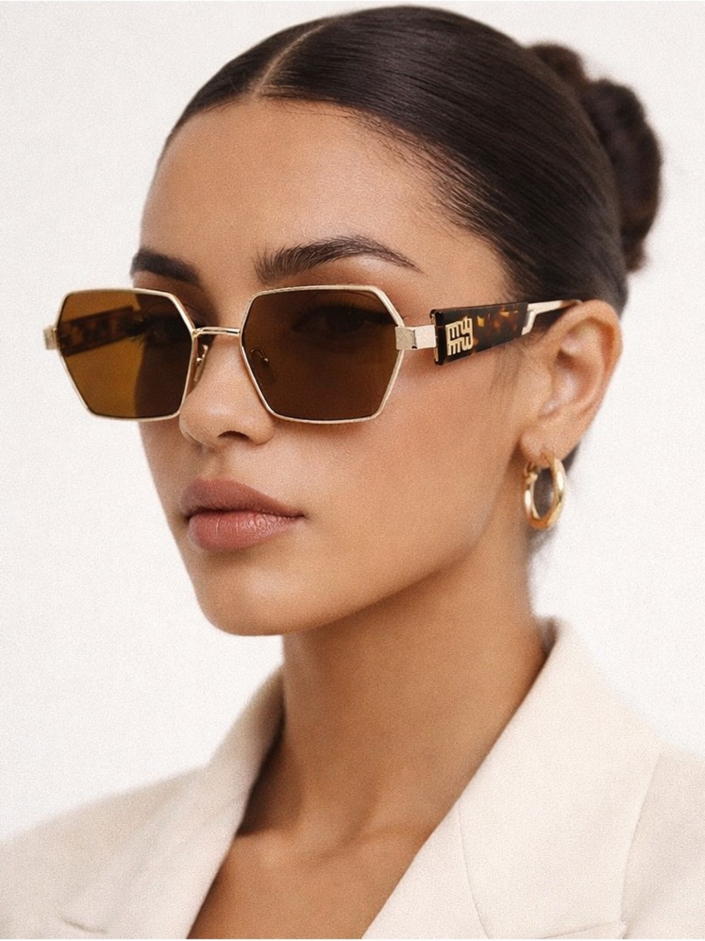 Hexagon Gold Frame Sunglasses Brown Lens Vintage Retro Unisex UV400